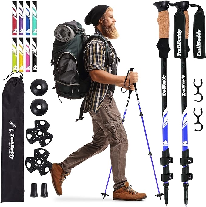 TrailBuddy Trekking Poles - Lightweight, Collapsible Hiking Poles for Snowshoe & Backpacking Gear - Pair of 2 Walking Sticks for Hiking, 7075 Aluminum with Cork Grip-StrideForce Fitness