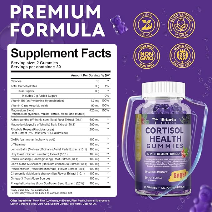 Cortisol Supplements for Women & Men 20-in-1 Cortisol Gummies with Ashwagandha Rhodiola Rosea Magnesium Phosphatidylserine Calm Focus Mood Support Healthy Cortisol Levels 30 Day Supply-StrideForce Fitness