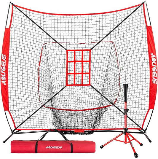 7'X7' Baseball Softball Practice Net,Pitching Net,Batting Net,with Baseball Tee,Bonus Strike Zone and Bow Frame,for Hitting,Pitching, Catching-StrideForce Fitness