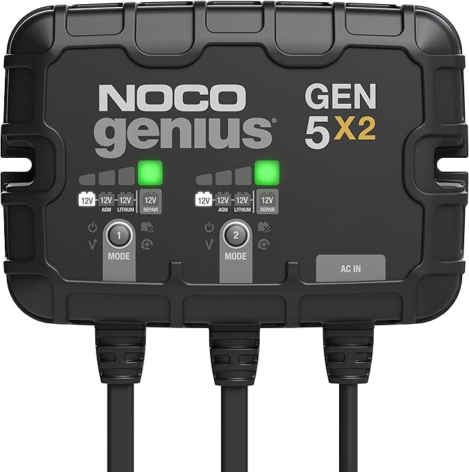 NOCO Genius GEN5X2: 2-Bank, 10A Onboard Battery Charger - 5A Per Bank, 12V Waterproof Marine Charger with Overcharge Protection & Temperature Compensation – for Lead-Acid & Lithium Batteries-StrideForce Fitness
