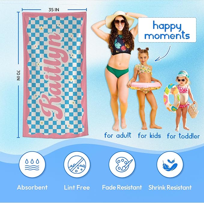 JML Personalized Beach Towel with Name, Custom Flower Beach Towel, Customized Microfiber Pool Towel, Quick Dry & Absorbent Swim Towel for Adult,Mother's Day, Birthday, Summer Holiday,Vacation-StrideForce Fitness