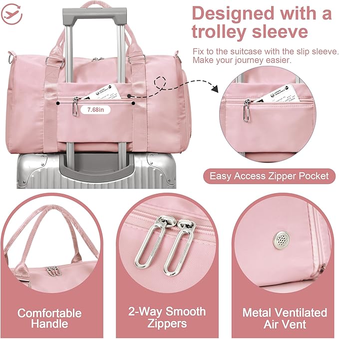 FIORETTO Womens Gym Tote Duffle Bag with Wet Pocket & Shoe Compartment, Sports Duffel Overnight Weekender Hospital Workout Carry on Bag for Girls, Ideal for Travel, Swimming, Dance, Ballet Pink-StrideForce Fitness