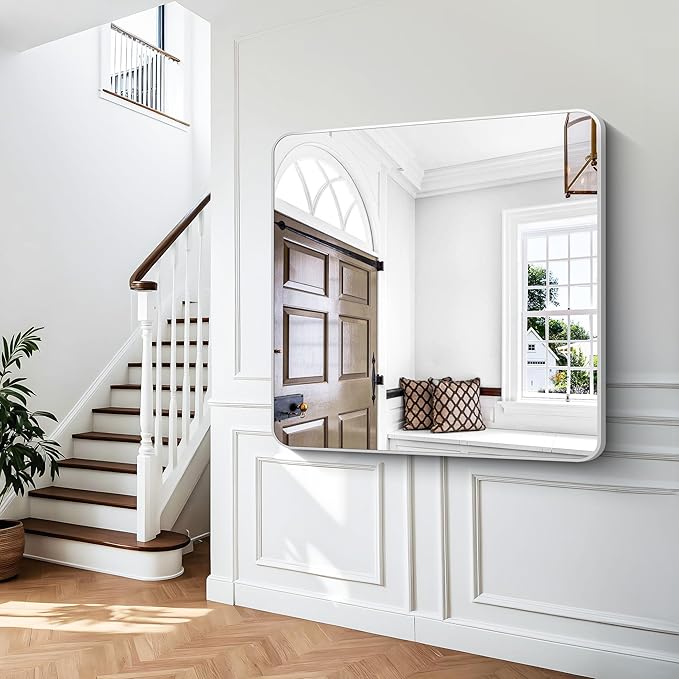 Silver Bathroom Mirror,48x48 inch Wall Mirror for Bathroom Wall Mounted,Rectangle Mirror for Bathroom Over Sink,Modern Frame Round Corner for Living Room,Bedroom Entryway,Horizontal/Vertical-StrideForce Fitness