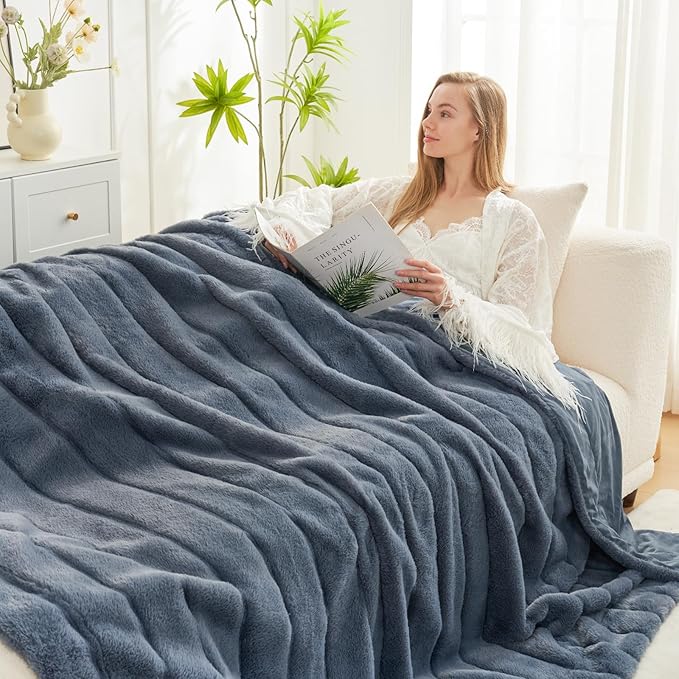 Cozy Bliss Faux Fur Throw Blanket for Couch, Cozy Warm Plush Striped Blanket for Sofa Bedroom Living Room, 90 * 90 Inches Blue-StrideForce Fitness