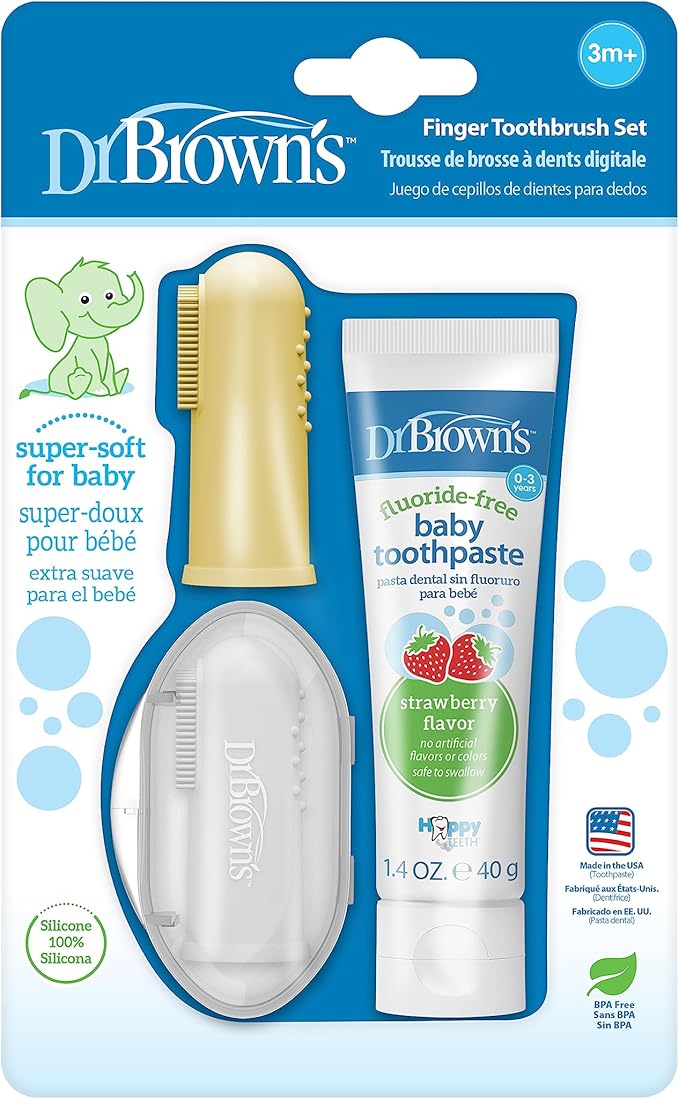 Dr. Brown's 100% Silicone Baby Finger Toothbrush and Toothpaste Set, 2-Pack Toothbrush with Storage Case, Fluoride-Free Strawberry Toddler Toothpaste, Gray & Yellow