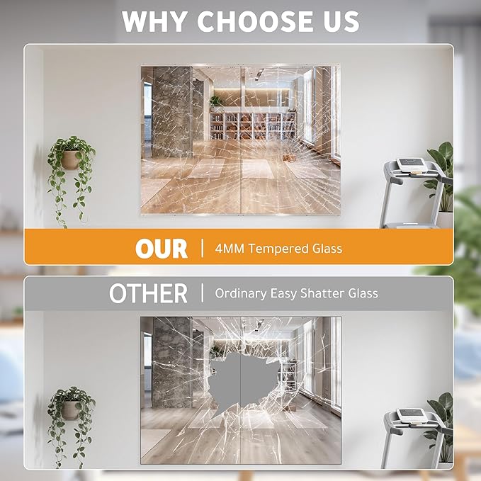 ROOMTEC Workout Mirrors for Home Gym 48"x32", Large Wall Mirror Full Length for Fitness, Yoga, Big Wall Mounted Frameless Glass Mirror for Garage, Dance Studio, Bedroom-StrideForce Fitness