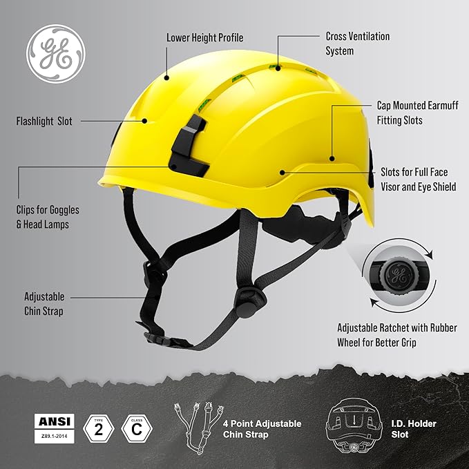 GE Safety Helmet: ANSI Type 2 Class G & E, Advanced Impact Technology, Ultra Comfortable Memory Foam, Heat Stress Reduction, Compatible with Accessories, Adjustable Size OSHA Approved-StrideForce Fitness