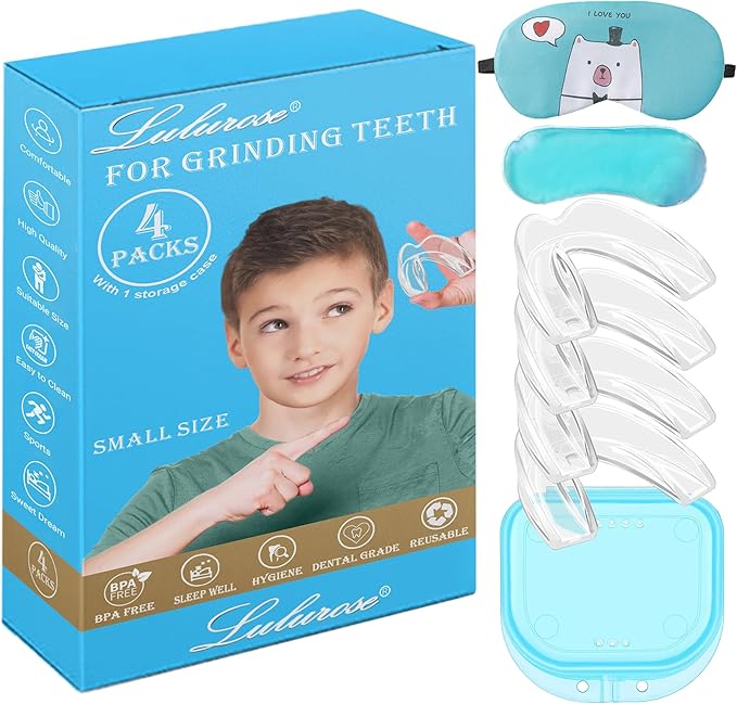 Kids Night Guard for Teeth Grinding, Small Size, 4 Pack Moldable Night Guard for Clenching Teeth | Comfortable Nighttime Protection Guard | Including Hygiene Case and Gel Ice Pack