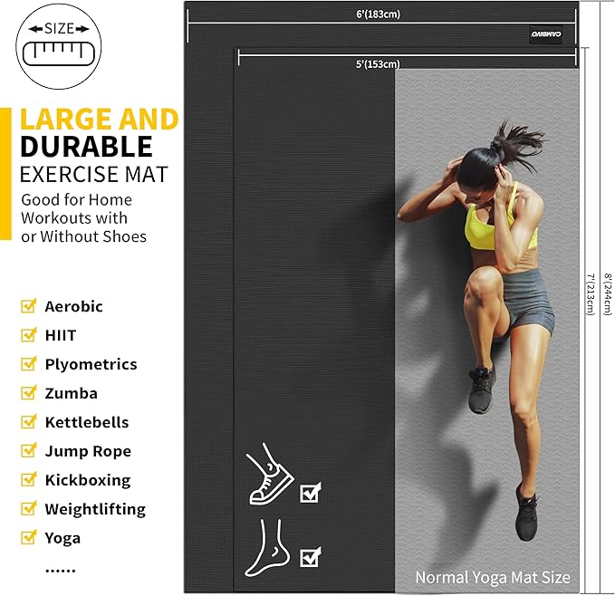 CAMBIVO Large Exercise Mat for Home Workout, 8'x6'/7'x5'/6'x4' (7 mm) Extra Thick Exercise Mat for Home Gym, Shoe-Friendly, Non-Slip Gym Mat for Jump Rope, Weights, Cardio, Fitness-StrideForce Fitness