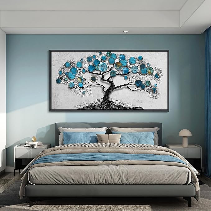 CHATYOUNG Wall Art Living Room - Large Art Teal Blue Tree Abstract Landscape Modern Paintings Black Framed Artwork for Bedroom Dining Room Office Kitchen Home Decor 58"x29"-StrideForce Fitness