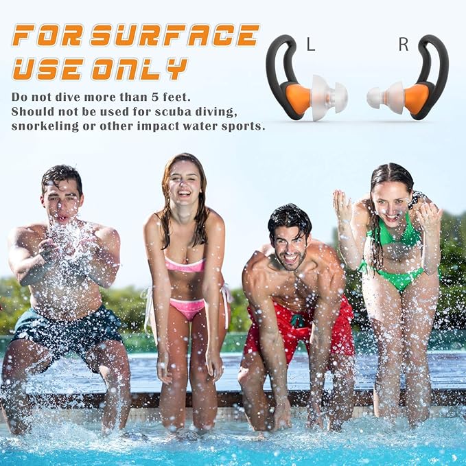 Hearprotek Ear Plugs for Swimming, [2 Pairs] Swim Ear Plugs Adults-Waterproof Silicone Water earplugs for Men Women Juniors Swimmers Pool Shower Bathing (Orange)-StrideForce Fitness