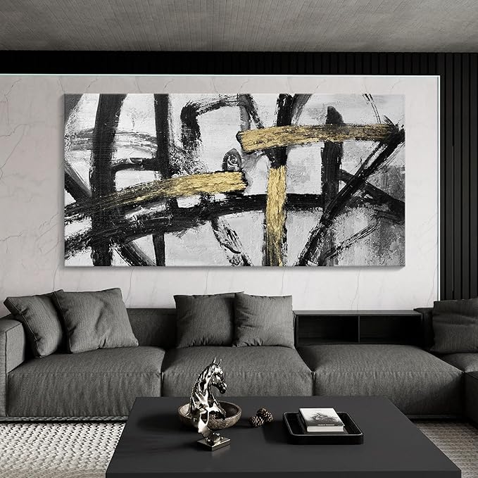 Abstract Living Room Wall Art - Large Black and White Gold Abstract Lines Bedroom Wall Decor Ink Dancing Canvas Prints Paintings for Dining Room Office Room Home Decor 29x58IN-StrideForce Fitness