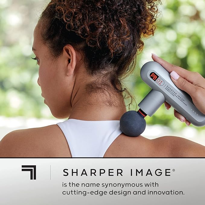 Sharper Image Powerboost Move - Mini Percussion Massage Gun| 4 Attachments, 4 Speeds| Full Body Back & Shoulder Massager| Muscle Recovery & Pain Relief| Deep Tissue Massage Tool| Wellness Gift