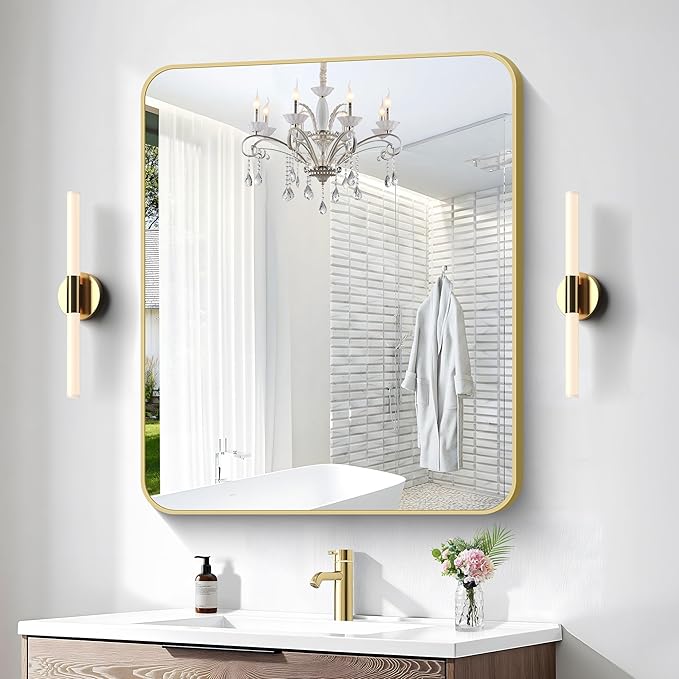 Gold Bathroom Mirror,30x36 inch Wall Mirror for Bathroom Wall Mounted,Round Rectangle Mirror for Bathroom Over Sink,Modern Frame for Home Decor Living Room,Bedroom Entryway,Horizontal/Vertical-StrideForce Fitness