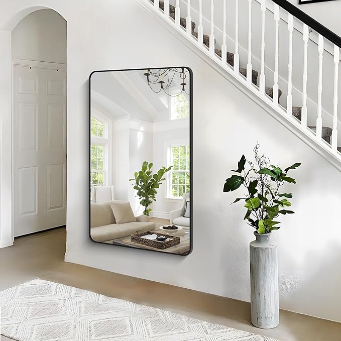 55x36 inch Bathroom Mirror,Black Rectangle Mirror,Wall Mounted Bathroom Frame Vanity Mirror with Round Corner for Bedroom Living Room, Entryway Hangs Horizontal or Vertical-StrideForce Fitness