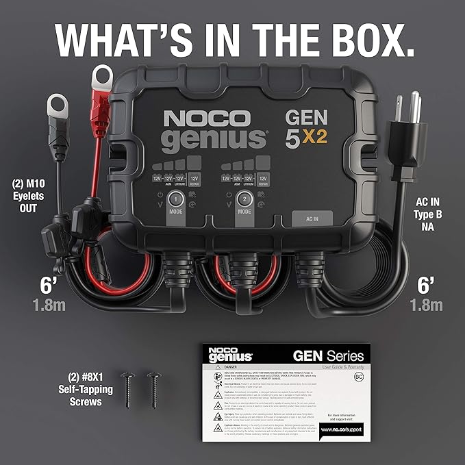 NOCO Genius GEN5X2: 2-Bank, 10A Onboard Battery Charger - 5A Per Bank, 12V Waterproof Marine Charger with Overcharge Protection & Temperature Compensation – for Lead-Acid & Lithium Batteries-StrideForce Fitness
