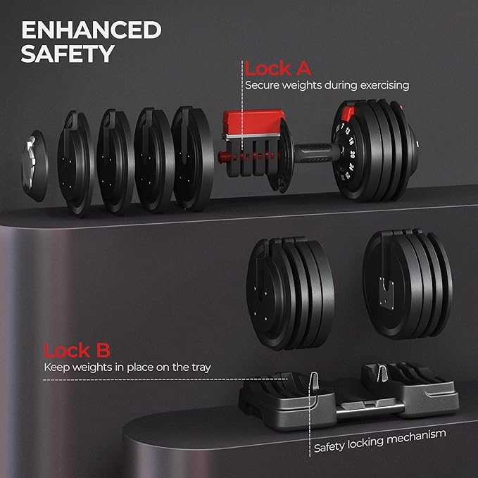 Yaheetech Adjustable Dumbbell Set 28/40/52.5/90LBS Adjustable Dumbbells Fast Adjust Dumbbell Weight Set with Anti-Slip Handle and Tray for Men/Women Home Gym Strength Training Equipment Single/Pair-StrideForce Fitness