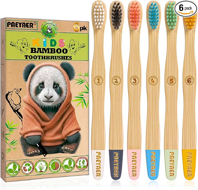 6 Pack Bamboo Kids Toothbrushes - Extra Soft Toothbrush for Kids - Natural Toothbrush Set Designed for Children Ages 3 and Up (Multicolor)