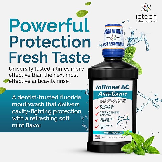 ioRinse AC Anticavity Fluoride Mouthwash - Alcohol-Free Molecular Iodine Mouth Wash Fights Tooth Decay & Protects Enamel - Safe Mint Rinse for Sensitive Mouths - Potent Bad Breath Protection 16 oz