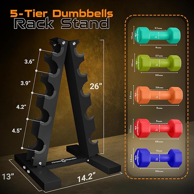 Neoprene Workout Dumbbell set with Rack 2.00MM - Non Slip, Anti Roll & Hex Shape - Fitness Dumbbells Combo, Space Saving Ideal for Home and Gym training-StrideForce Fitness