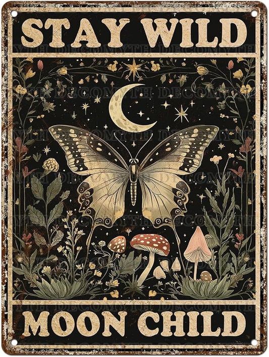 Vintage Tin Sign Butterfly Stay Wild Moon Tin Sign Retro Wall Decor for Home Office Room Wall Decor Poster 12 * 16inch-StrideForce Fitness