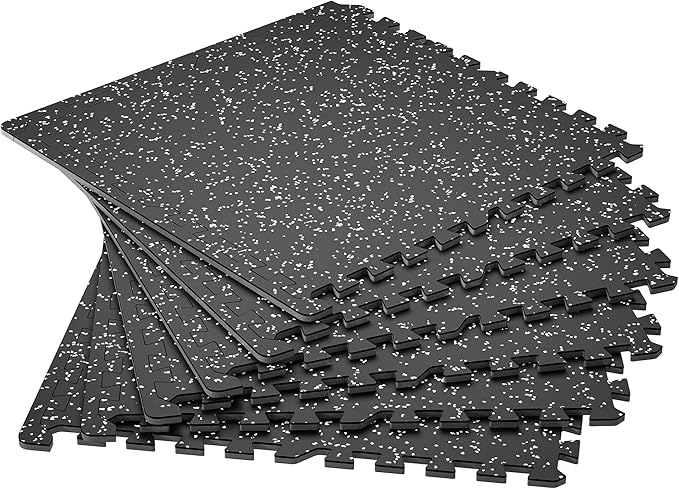 SUPERJARE 0.4'' Thick 6 Pcs 24 Sq Ft Rubber Top Exercise Equipment Mats, High Density EVA Foam Mats with Rubber Top, Interlocking Gym Flooring for Home Gym, Protective Workout Mat, Black/Grey-StrideForce Fitness