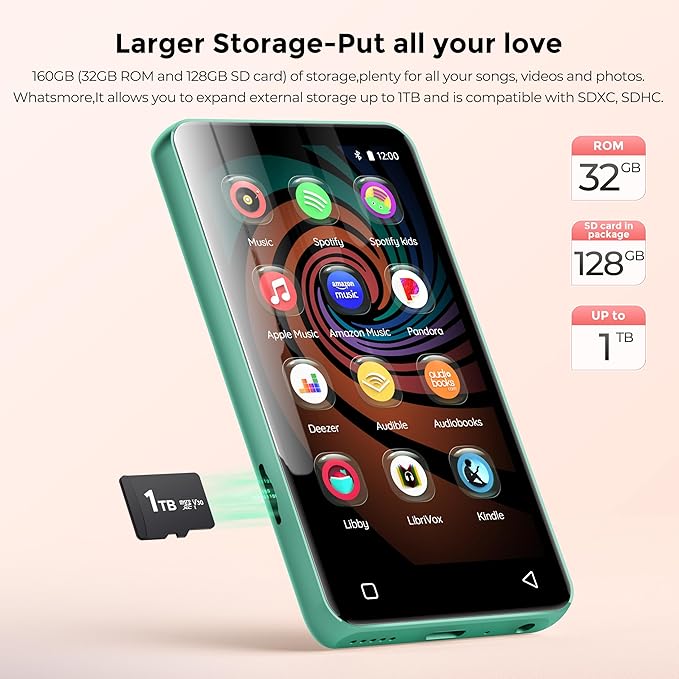 160GB MP3 Player with Bluetooth and WiFi, innioasis Music Player with Spotify,Pandora,Amazon Music,4" Touch Screen Android MP4 MP3 Player for Kids with Libby,Audible,Spotify Kids (White+ Green)-StrideForce Fitness