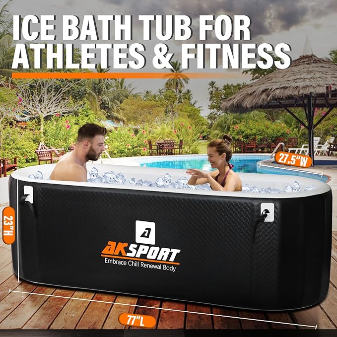 AKSPORT Ice Bath Tub for Athletes, 225 Gallons Inflatable Cold Plunge Tub Compatible with Water Chillers, Icebath for Recovery & Cold Water Therapy, Portable Bathtub for Indoor & Outdoor-Black-StrideForce Fitness