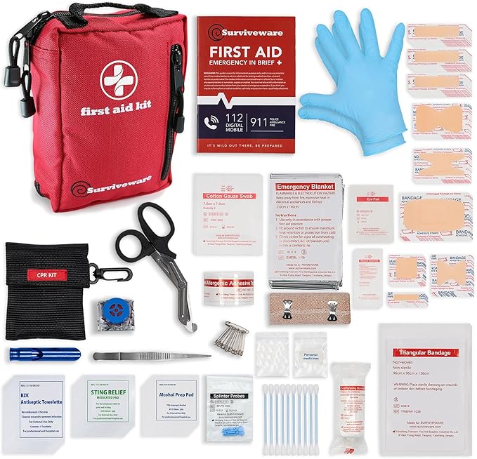 Surviveware 98 Pcs Comprehensive Premium Survival First Aid Kit - Medical Emergency Kit for Travel Camping Gear, Home Essentials & Outdoor Emergencies - HSA & FSA Eligible Survival Kit-StrideForce Fitness
