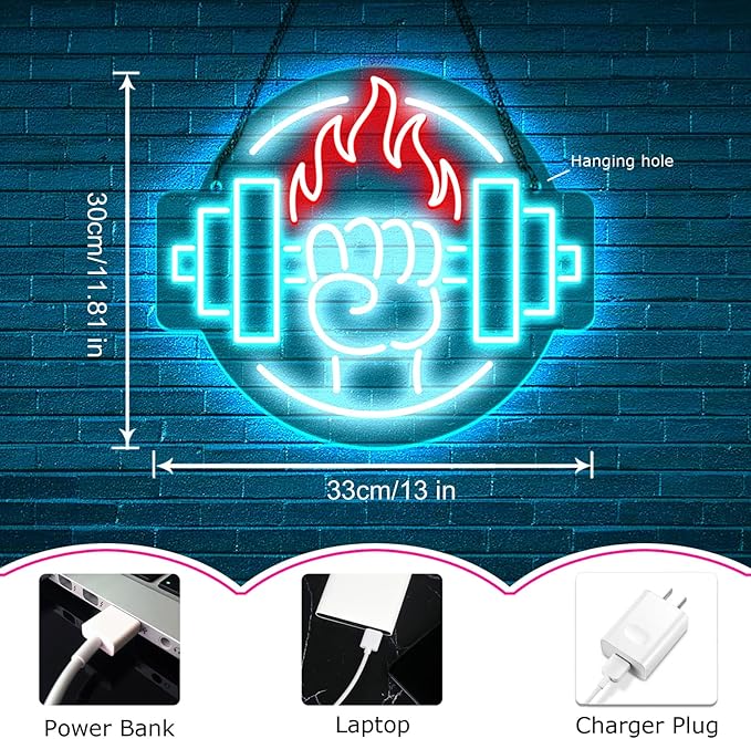 Gym Led Neon Sign- Gym Neon Light Dumbbell Sign for Home Gym Fitness Club Boy's Room Sports Room Decor Neon Light Fitness Club Neon Signs for Wall Art Birthday Gift 5V(13 * 11.81 Inch)-StrideForce Fitness