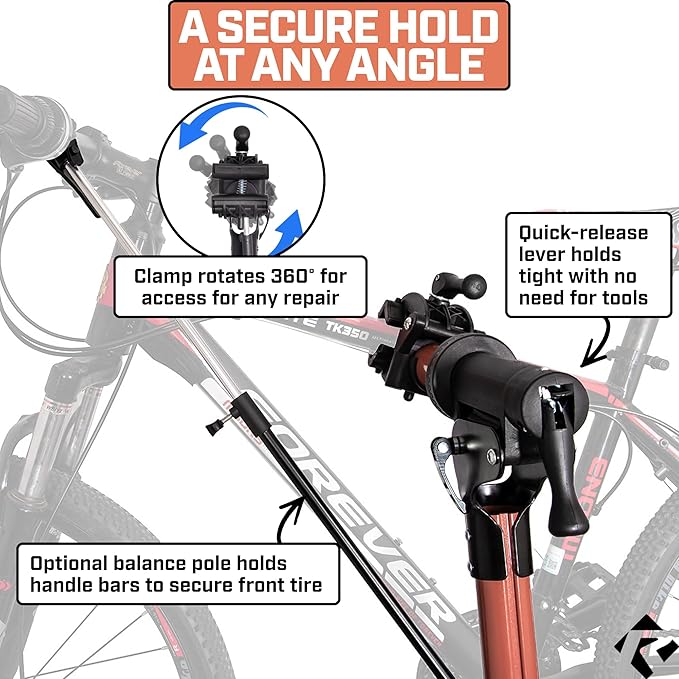 Revere Bike Repair Stand & Storage Bag, Telescoping Arm, Rotating Clamp, Magnetic Tool Tray, and Adjustable Handlebar Rod - Heavy Duty, Sturdy, Adjustable (Orange)-StrideForce Fitness