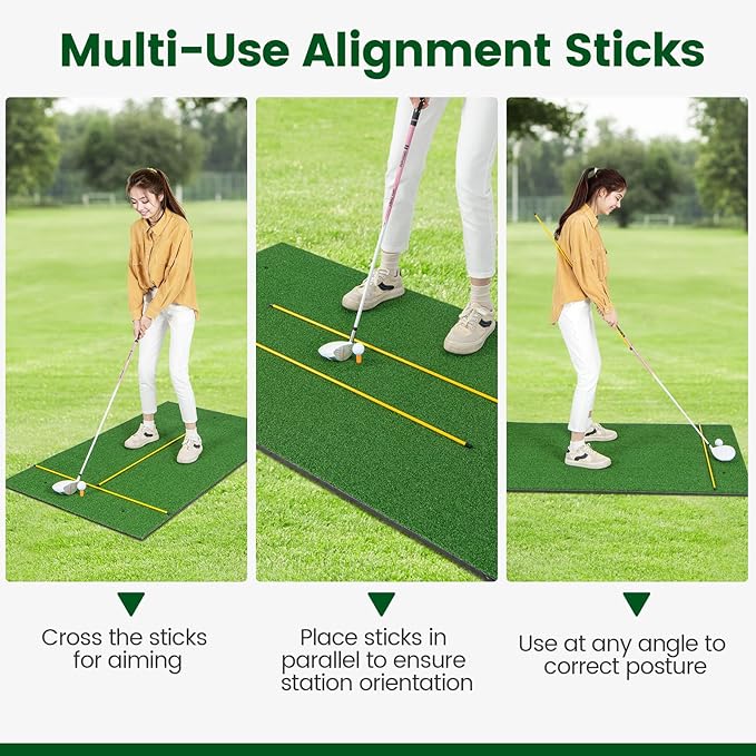 Tangkula Golf Hitting Mat, Artificial Turf Mat for Indoor/Outdoor Golf Practice Includes 2 Rubber Tees & 2 Alignment Sticks, Golf Training Mat for Home Backyard Garage-StrideForce Fitness