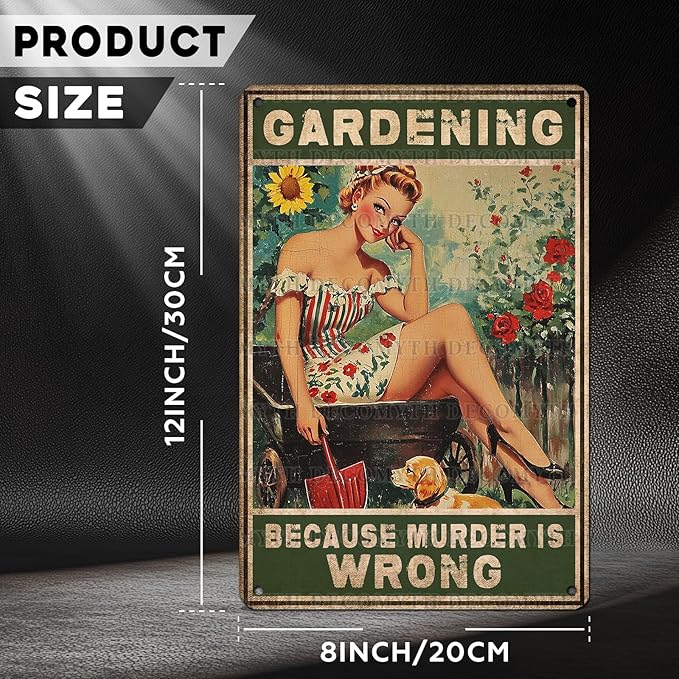 Gardening Because Murder Is Wrong Vintage Metal Tin Sign Rustic Wall Decor Outdoor Garden Art Yard Plaque Retro Home Decor Gift for Women Gardener Lovers 12 * 8inch-StrideForce Fitness
