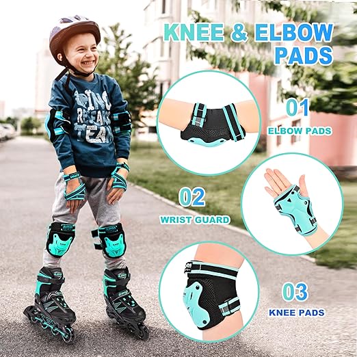 2PM SPORTS Knee Pads for Kids, Wrist Guards Knee and Elbow Pads Set with Drawstring Bag, Protective Gear Set for Girls Boys Roller Skating Cycling Skateboard - Mint Medium-StrideForce Fitness