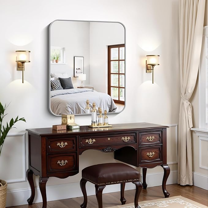 FORBATH 30x36 Inch Silver Bathroom Mirror for Over Sink, Large Rectangular Wall Mirror with Metal Frame, Rounded Corners for Bathroom, Bedroom, Entryway Decor (Horizontal or Vertical)-StrideForce Fitness