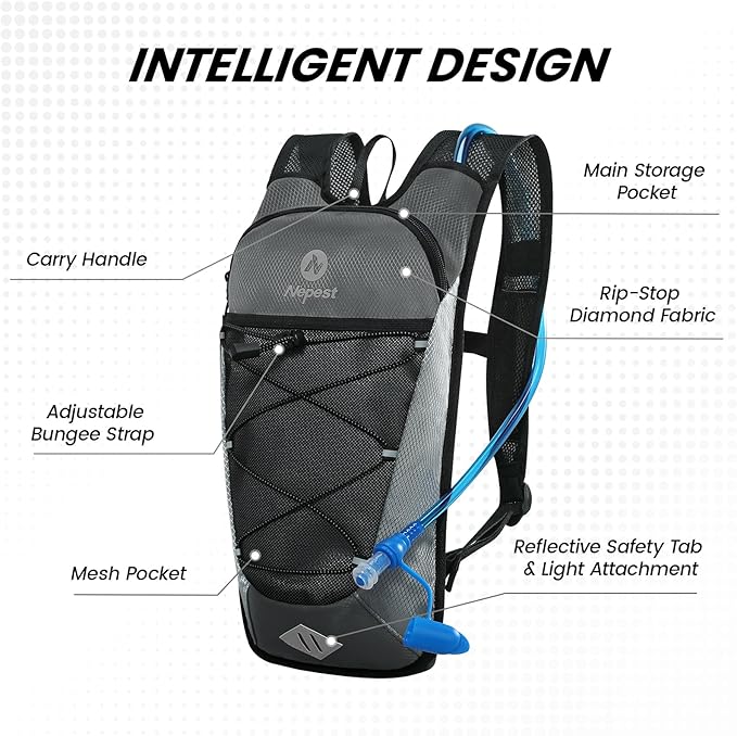 Nepest Hydration Backpack with 2L Water Bladder for Cycling, Water Backpack for Hiking Running, Lightweight Hydration Pack, Grey-StrideForce Fitness