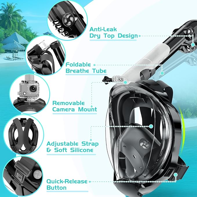 Full Face Snorkel Mask, Snorkeling Gear for Adults Men and Women, 180 Degrees Panoramic View Snorkel Set Anti-Fog Anti-Leak, Dry Top System and Travel Bag for Swimming, Snorkeling-StrideForce Fitness