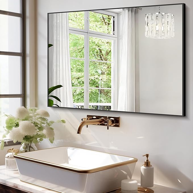 30x48 Inch Black Bathroom Mirror for Wall, Aluminum Frame Rectangle Rectangular Vanity Mirror, Modern Large for Bedroom, Living Room, Horizontal or Vertical-StrideForce Fitness