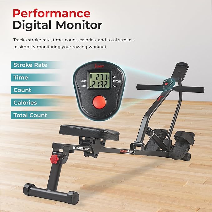 Sunny Health & Fitness Compact Adjustable Rowing Machine with 12 Levels of Resistance for Complete Body Workouts and Optional Free SunnyFit App Enhanced Connectivity-StrideForce Fitness