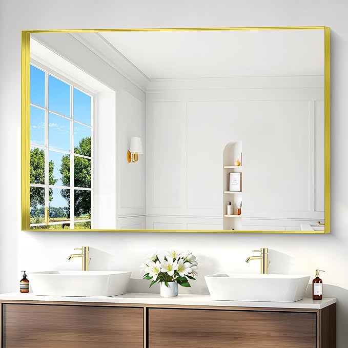 Gold Bathroom Mirror, 60x40 Inch Rectangular Framed Mirror, Large Wall Mounted Bathroom Vanity Mirror Over Sink for Bedroom,Restroom, Living Room, Hangs Vertically or Horizontally-StrideForce Fitness