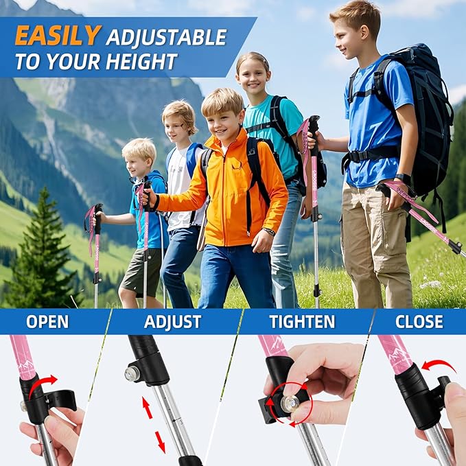 Lightweight Collapsible Kids Hiking Poles - Retractable Kids Hiking Stick, Telescoping Aluminum Trekking Poles 2 Pack, Adjustable Kids Ski Poles by Croosse-StrideForce Fitness