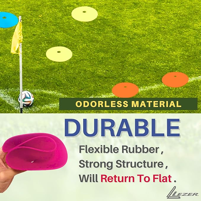 LEZER 9 Inch Flat Cones, Spot Markers, Soccer Cones, Field Court Markers, Sit Spots, Flat Discs, Soccer Training Equipment, Agility Practice, Football, Made in Taiwan-StrideForce Fitness