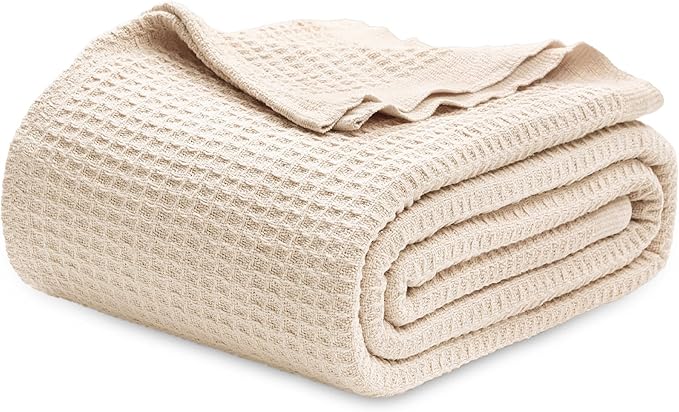 Bedsure 100% Cotton Blanket Twin XL Size for College Dorm - Breathable and Soft, Waffle Weave Twin Blanket for Summer, Dorm Room Essentials, Yellowish Cream, 66x90 inches-StrideForce Fitness