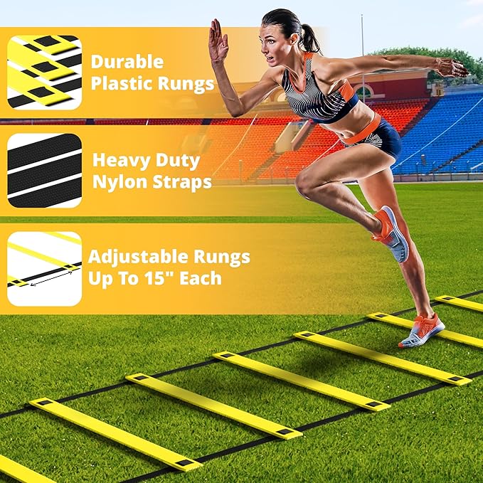 Yes4All Agility Ladder Speed Training Equipment Set - 1 Adjustable Agility Ladder, 12 Soccer Cones, 5 Hurdles, Jump Rope, Running Parachute - Speed & Agility Training Equipment for All Ages-StrideForce Fitness