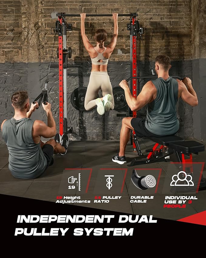 Folding Power Rack, Wall Mounted Squat Rack with Dual Independent Pulley System, Multi-Function Power Cage with 5 Adjustable Function Modes, Power Rack Trainer for Space Saving Home Gym-StrideForce Fitness