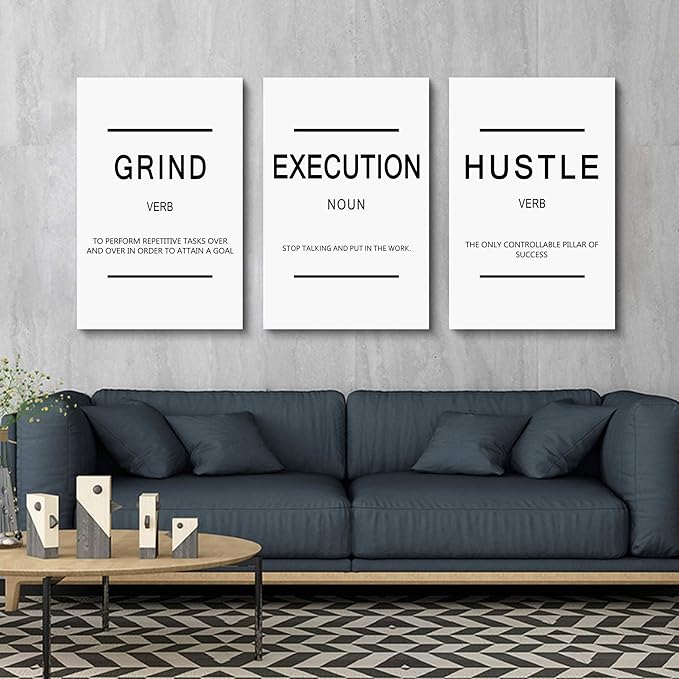 Framed Canvas Wall Art Success Quote, Office Wall Art, White Large Poster, Positive Motivational Set of 3 Prints, Grind Execution Hustle Poster, Inspirational Print-StrideForce Fitness