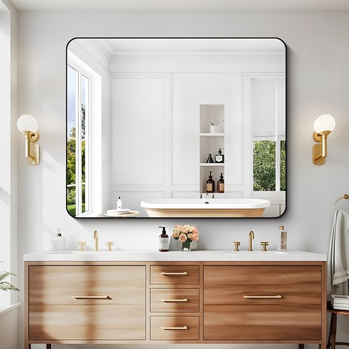 40" x 48"Bathroom Mirror, Matte Black Wall Mirror with Metal Frame, Decorative Rectangular Vanity Mirror for Bedroom Bathroom Living Room Entryway (Horizontal/Vertical)-StrideForce Fitness