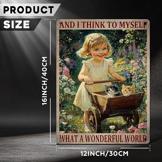 Garden Girl Metal Tin Sign Wall Art Rustic Vintage Outdoor Decor And I Think To Myself What A Wonderful World Quote 12 * 16inch-StrideForce Fitness
