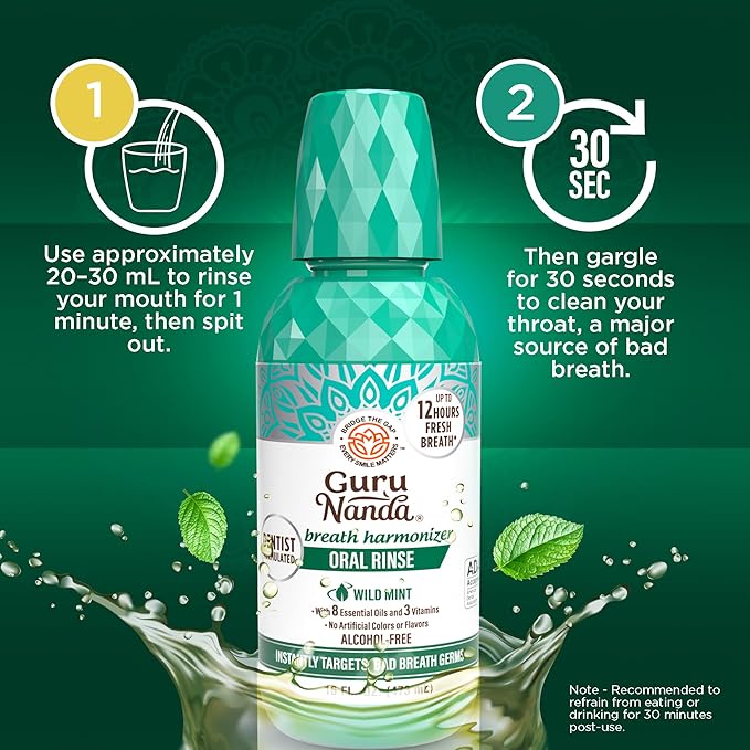 GuruNanda Fresh Breath Mouthwash, ADA-Accepted, Alcohol & Fluoride-Free, Sodium Chlorite, Essential Oils & Vitamins, 12-Hrs Fresh Breath, Wild Mint, 16 oz - 2 Pack