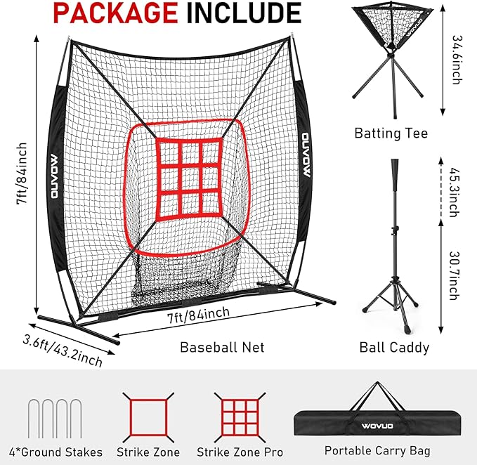 7x7 ft Baseball Net for Batting Pitching Hitting, Softball Pitching Net with Strike Zone, Tee, Ball Caddy, Softball Batting Net Baseball Training Equipment for Kids Adult Youth Sport Practice-StrideForce Fitness